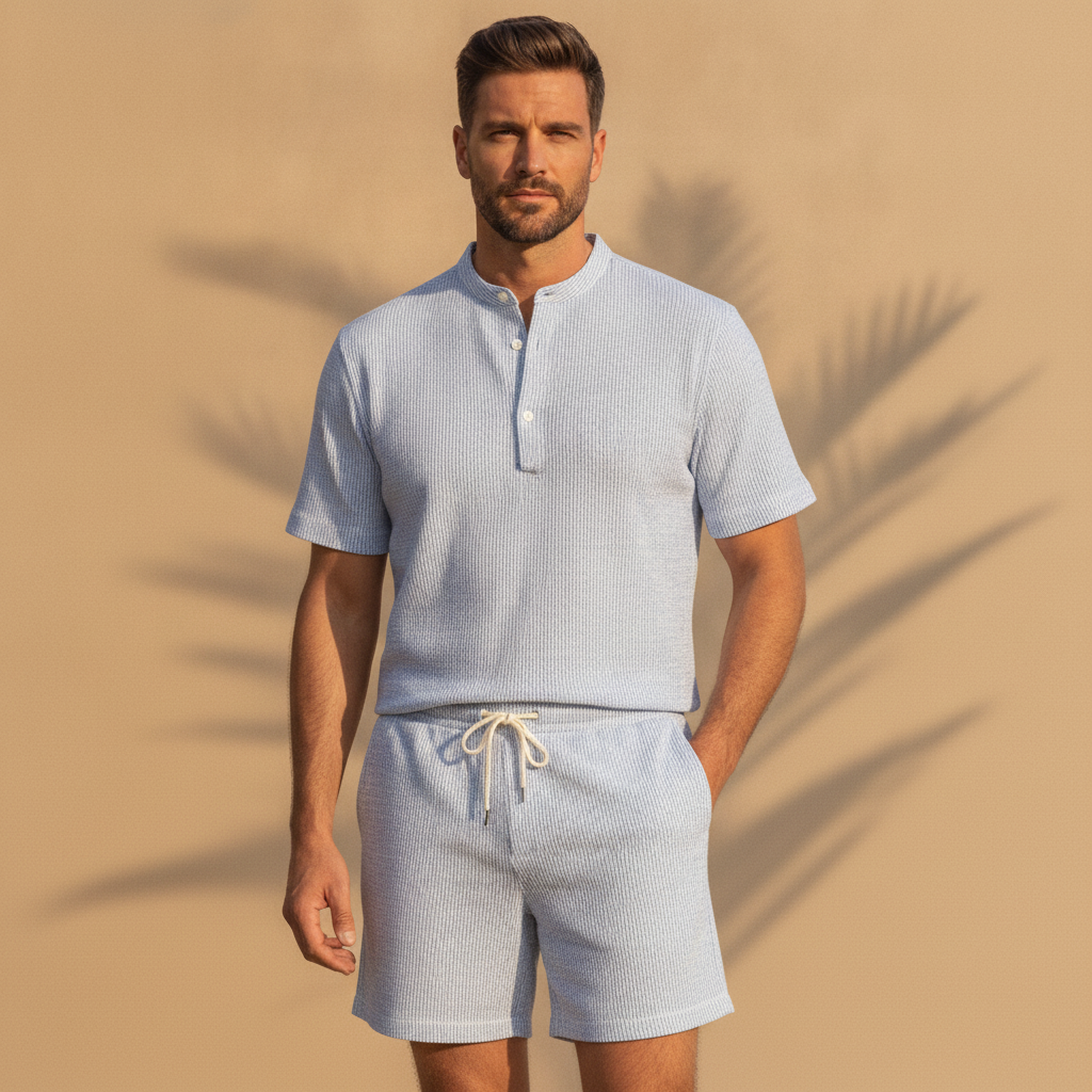 Completo Coordinato Uomo Camicia Seersucker e Pantaloncini - Azzurro e Bianco - indossato