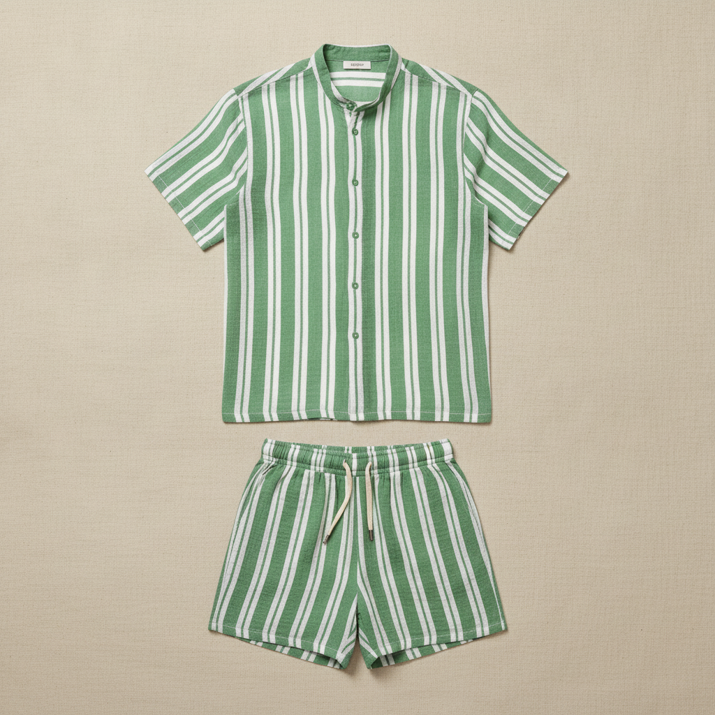 Completo Coordinato Uomo Camicia Garza Rigata e Pantaloncini - Verde e Bianco