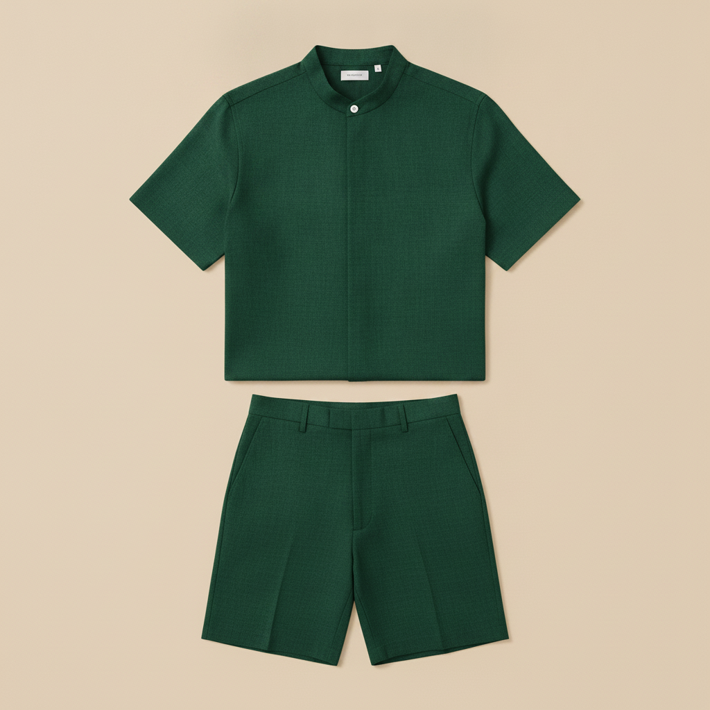 Completo Coordinato Uomo Camicia Fresco Lana Estivo e Pantaloncini - Verde Bosco