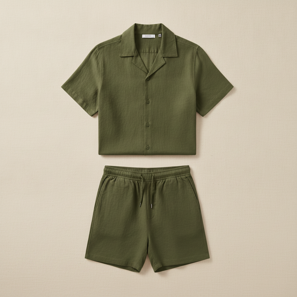 Completo Coordinato Uomo Camicia Cuban Collar Tinta Unita e Pantaloncini - Verde Oliva