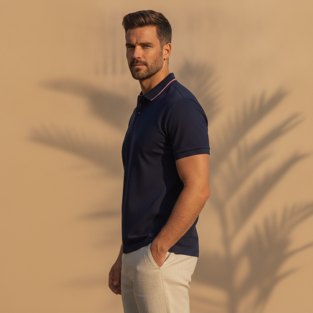 Polo Uomo Colletto a Righe Multiple – Bordi Rigati Eleganti - vista laterale