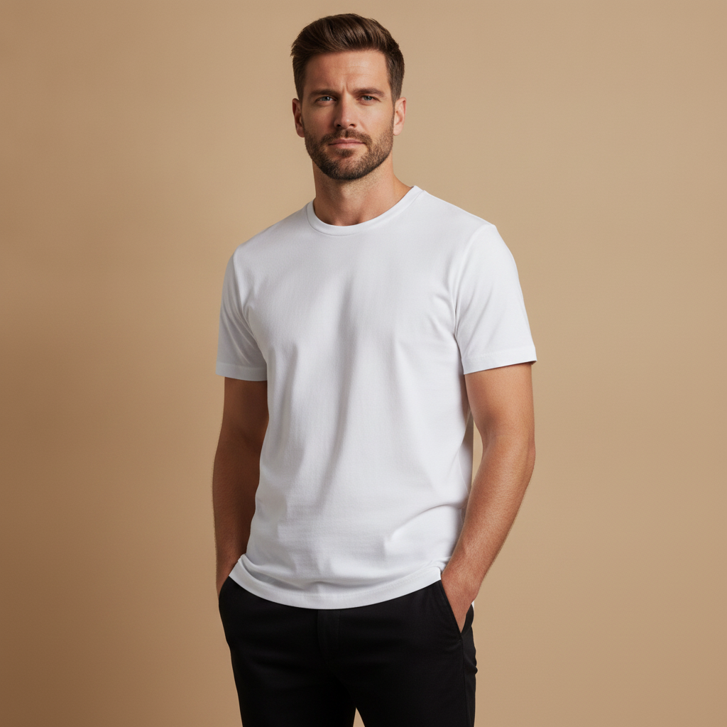 T-shirt Uomo in Cotone Pima Premium – Morbidezza Setosa di Lusso - Bianco - indossato