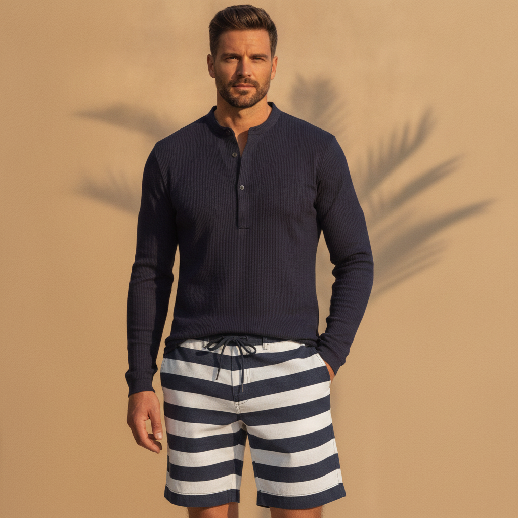 Pantaloncini Uomo a Righe Estivi – Stile Mediterraneo Fresco - Navy e Bianco - indossato