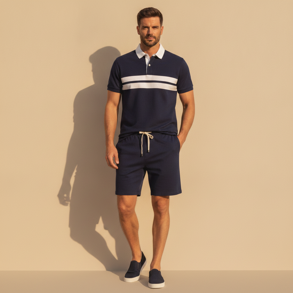 Completo Coordinato Uomo Camicia Colletto a Contrasto e Pantaloncini - Navy con Bianco - indossato