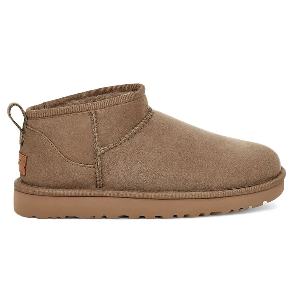UGG Classic Ultra Mini Antilope stivaletti donna in pelle scamosciata e montone beige, vista laterale