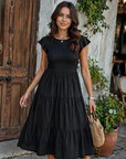 Greta Vestito Midi Donna – Girocollo, Maniche a Volant e Vita Elastica A-Line Estate