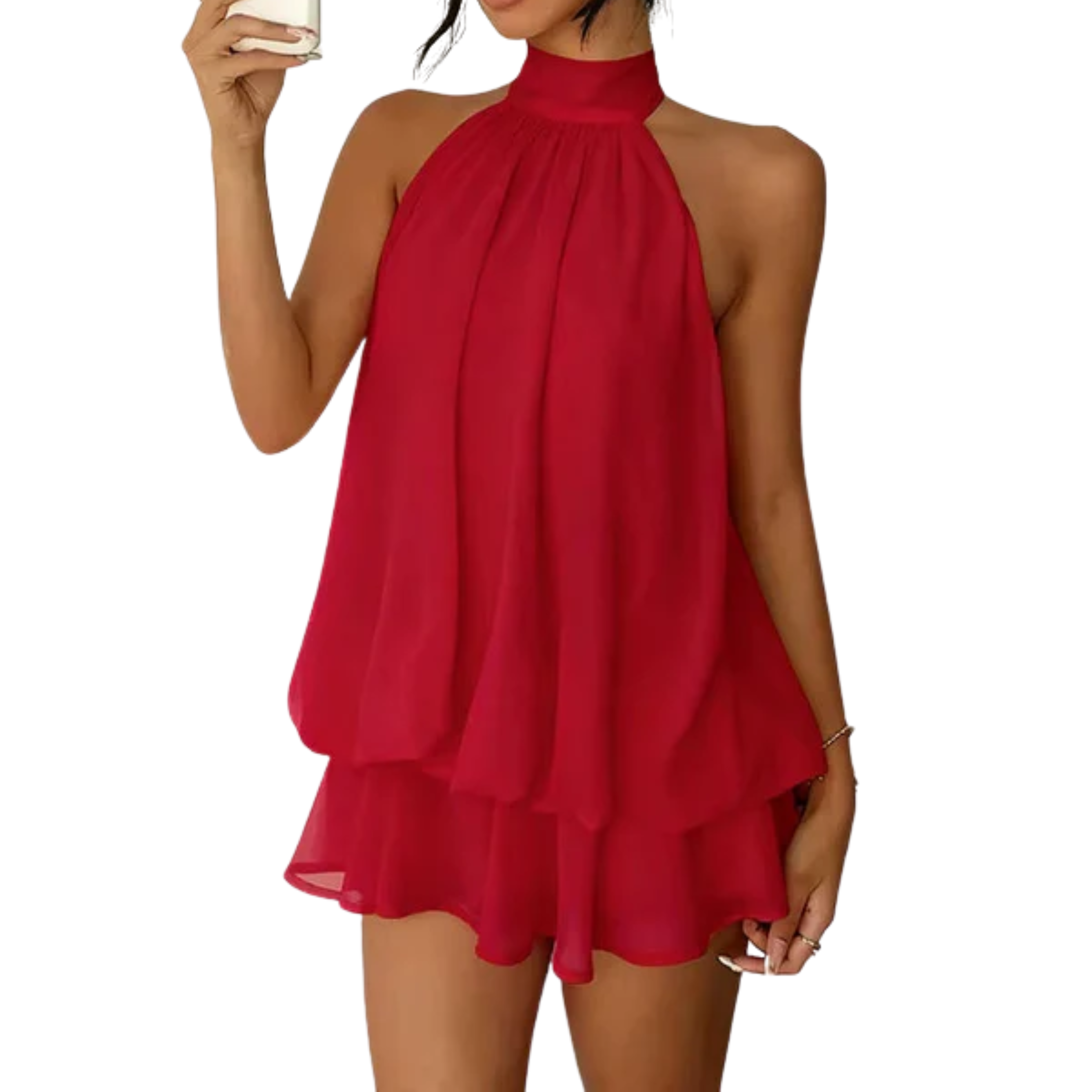 Vestito Mini Donna con Volant a Strati – Schiena Scoperta Halter Trapezio
