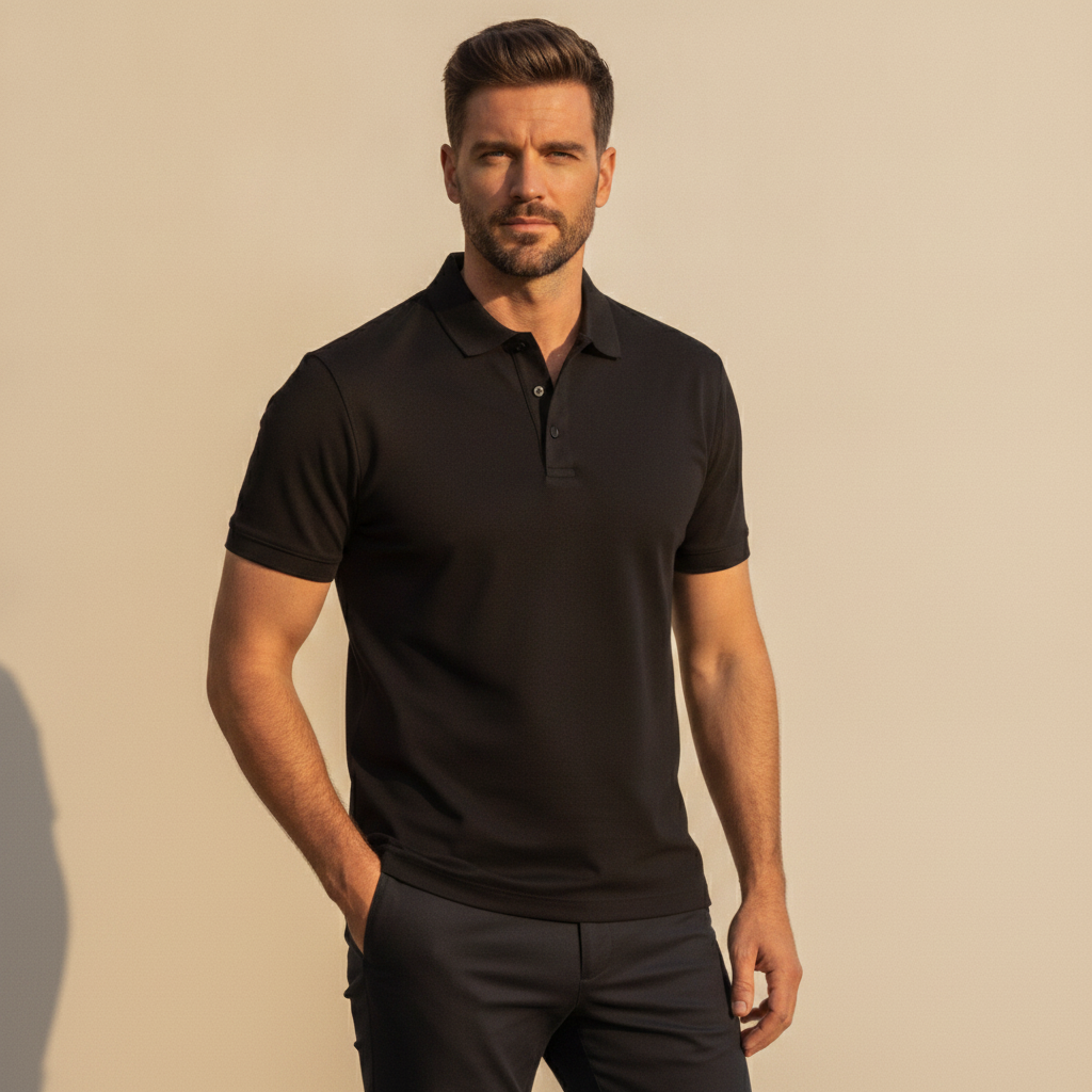 Polo Uomo Slim Fit in Cotone Elasticizzato – Vestibilità Aderente Moderna - Nero - indossato