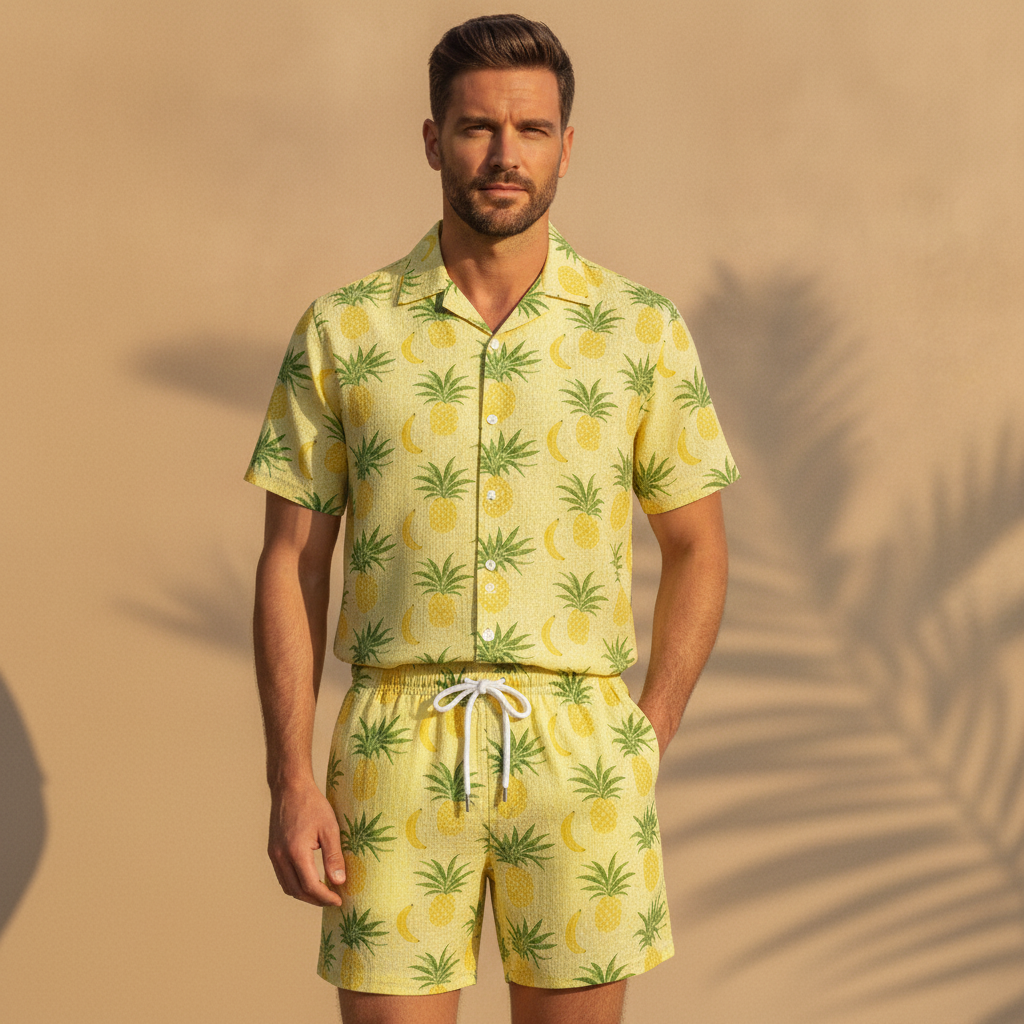 Completo Coordinato Uomo Camicia Stampa Frutti Tropicali e Pantaloncini - Frutti Gialli - indossato