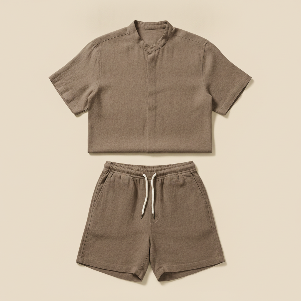 Completo Coordinato Uomo Colletto Coreana in Lino e Pantaloncini - Tortora