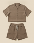 Completo Coordinato Uomo Colletto Coreana in Lino e Pantaloncini - Tortora