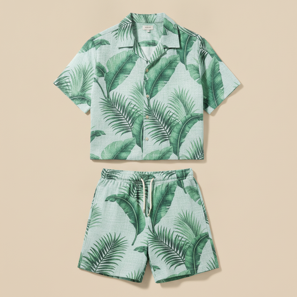 Completo Coordinato Uomo Camicia Stampa Palme e Pantaloncini - Palme Blu