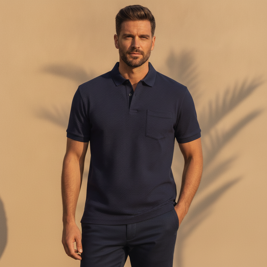 Polo Uomo con Taschino – Dettaglio Pratico e Casual - Blu Navy - indossato