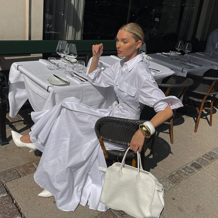 Abito lungo donna in cotone bianco, taglio svasato