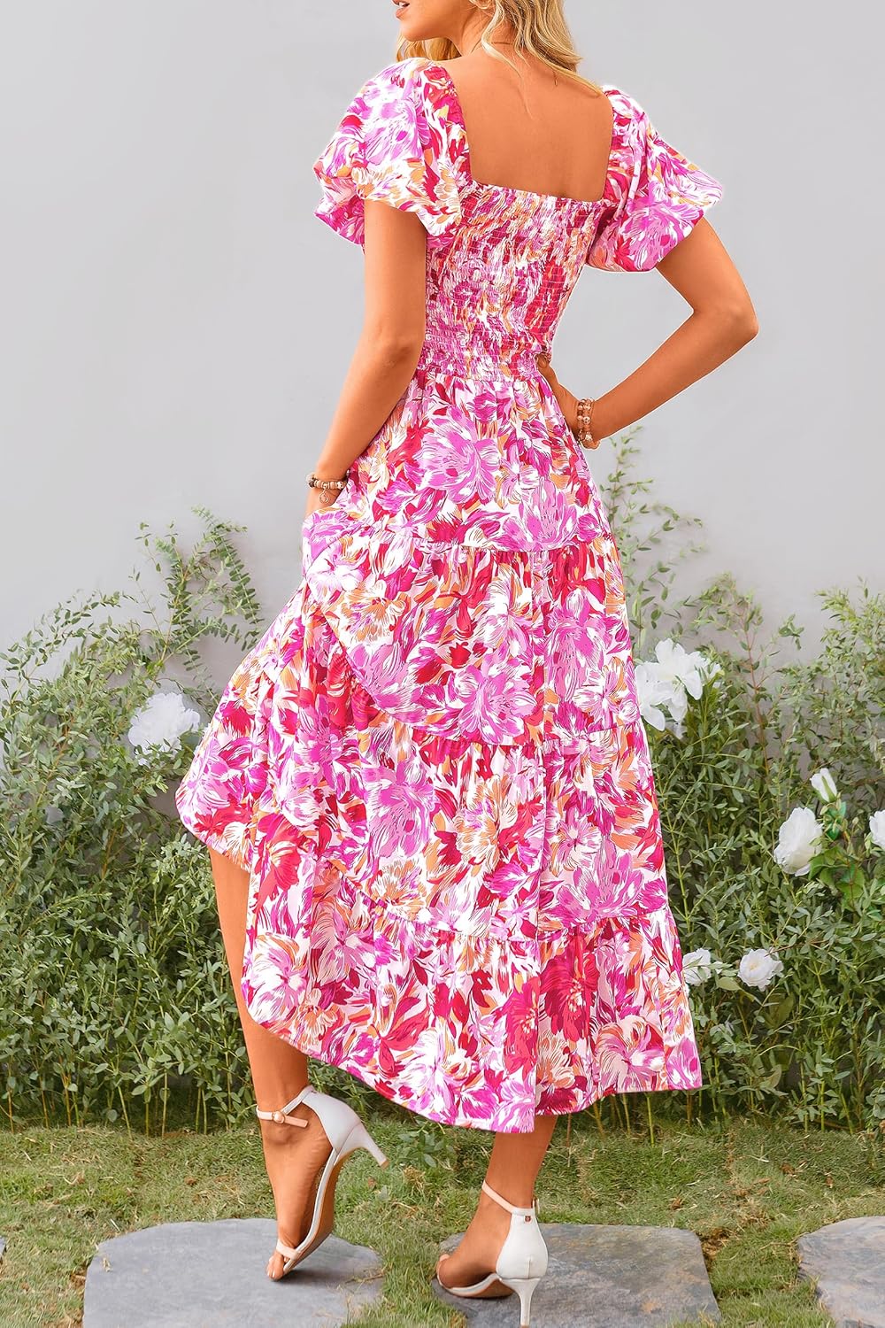 Juanna Abito Midi Donna Estate – Abito con Scollo Quadrato Arricciato, Maniche a Sbuffo e Volant