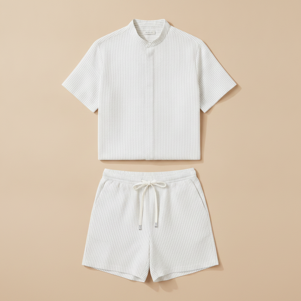 Completo Coordinato Uomo Camicia Righe Sottili e Pantaloncini - Bianco Righe Grigie
