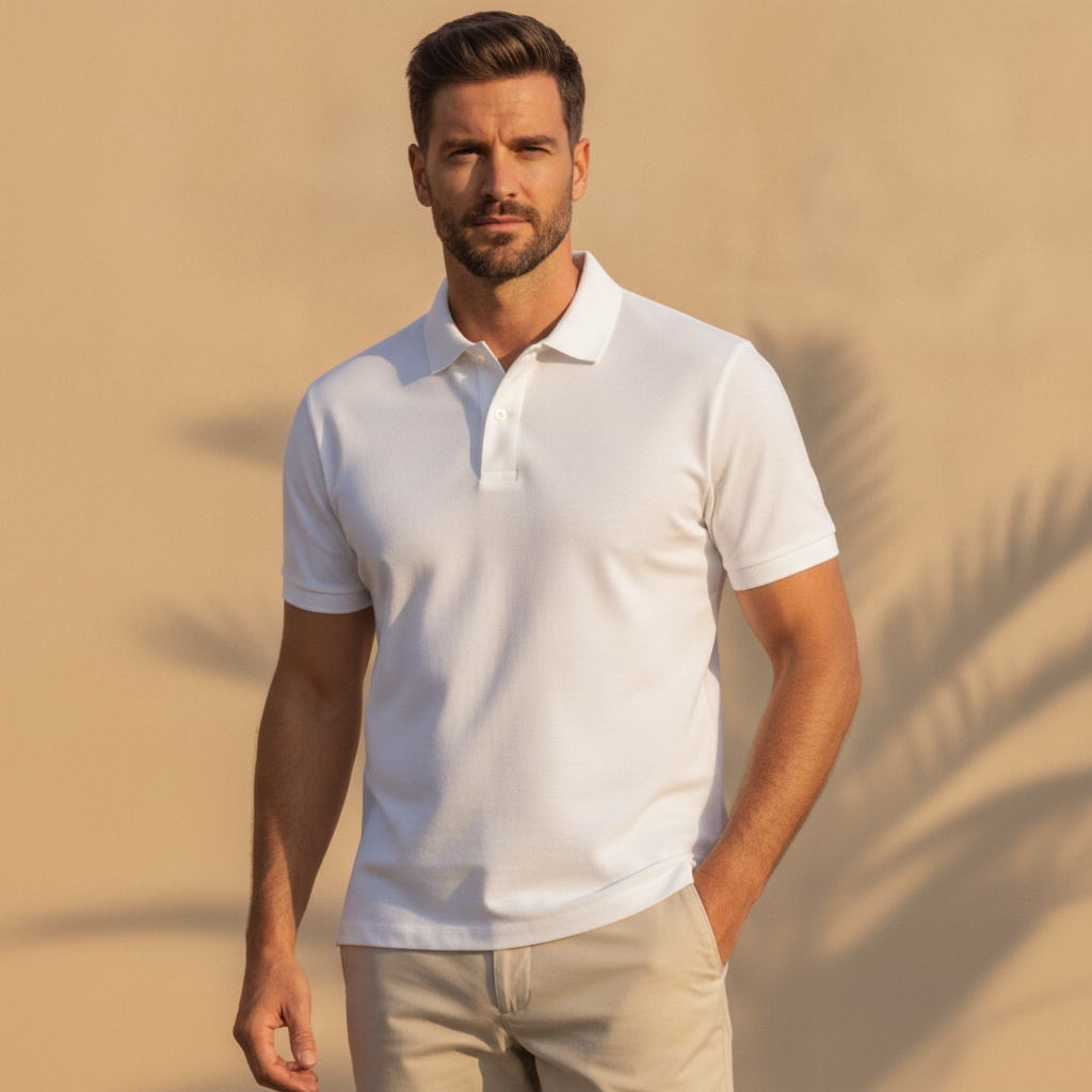 Polo Uomo in Cotone Mercerizzato – Finitura Lucida Premium - Bianco - indossato