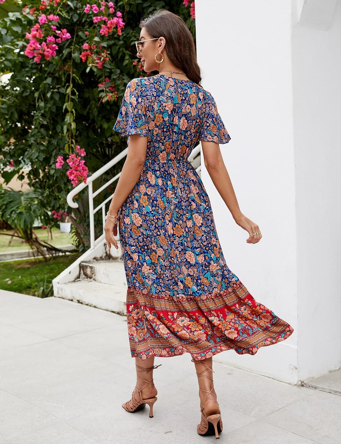 Elisa Abito Donna – Abito Midi Floreale Scollo a V Volant Bottoni Boho Estate