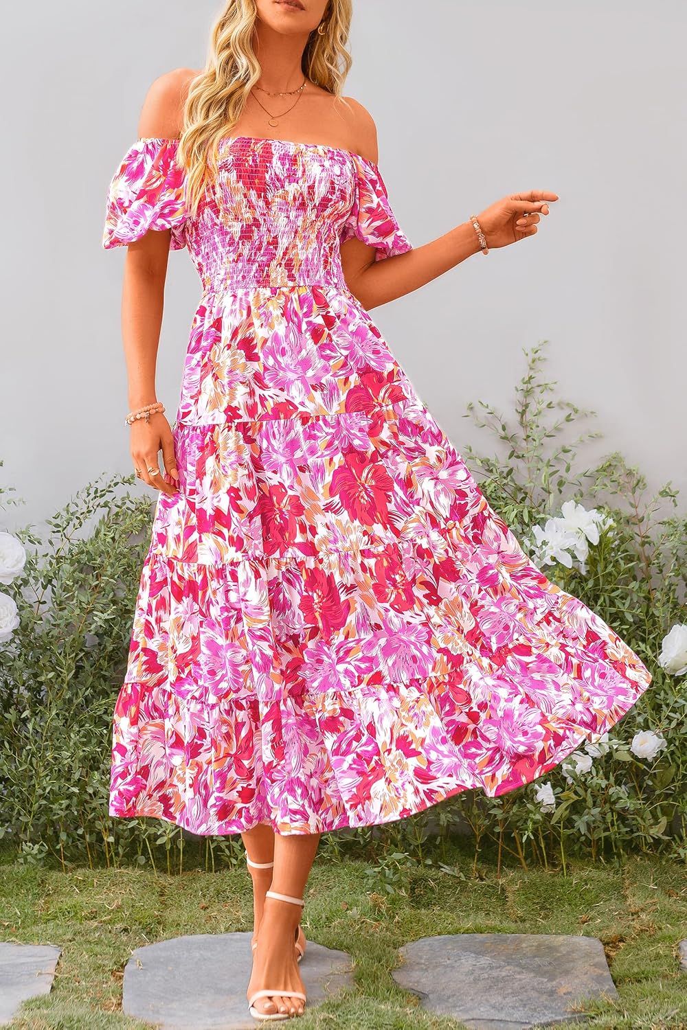 Juanna Abito Midi Donna Estate – Abito con Scollo Quadrato Arricciato, Maniche a Sbuffo e Volant