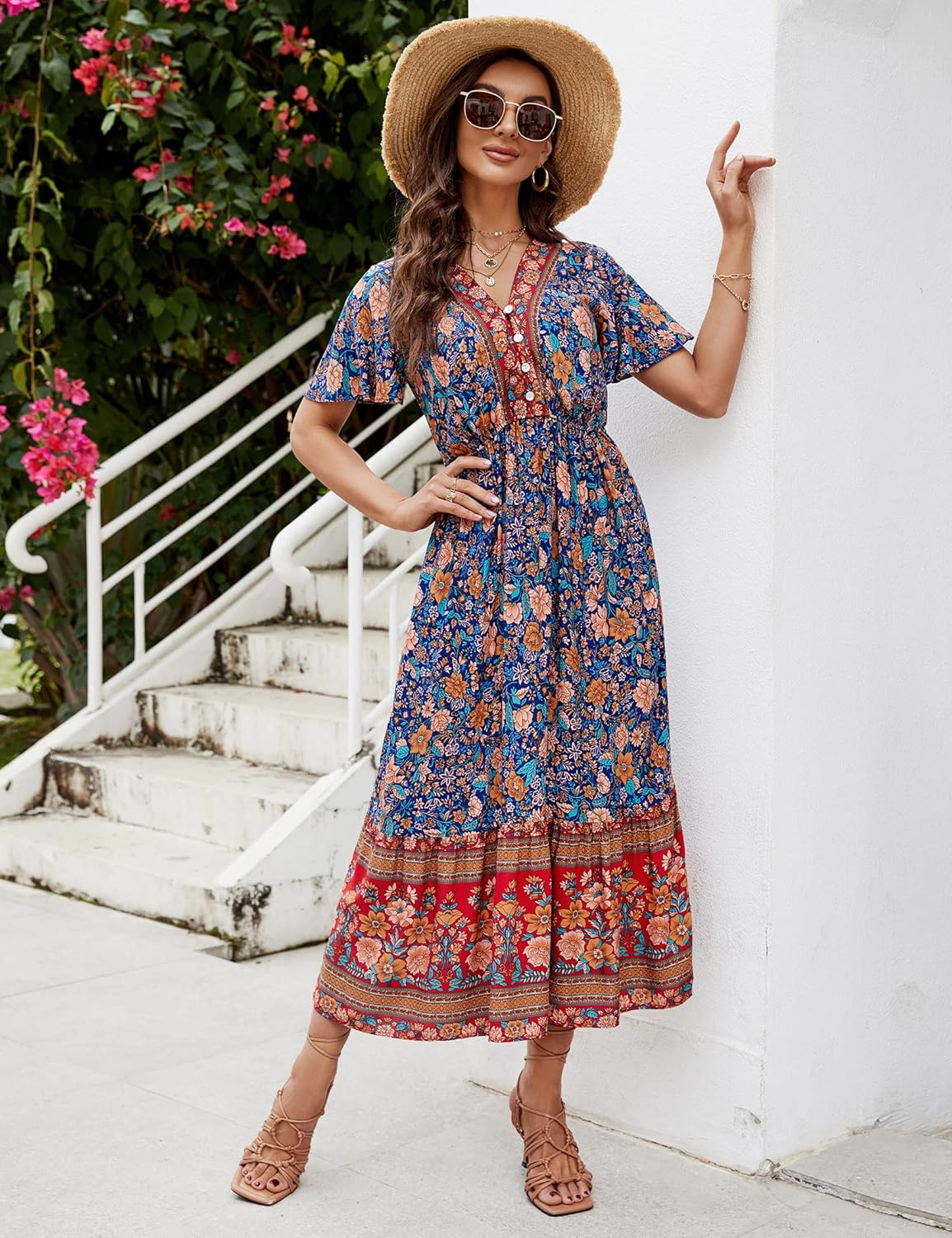 Elisa Abito Donna – Abito Midi Floreale Scollo a V Volant Bottoni Boho Estate