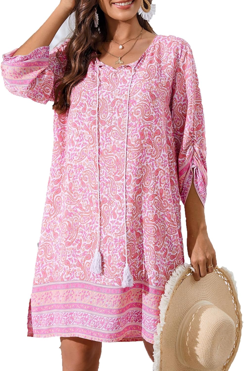 Léa Abito Bohemien Donna – Abito Floreale Maniche 3/4 Taglio Fluido Estate Chic