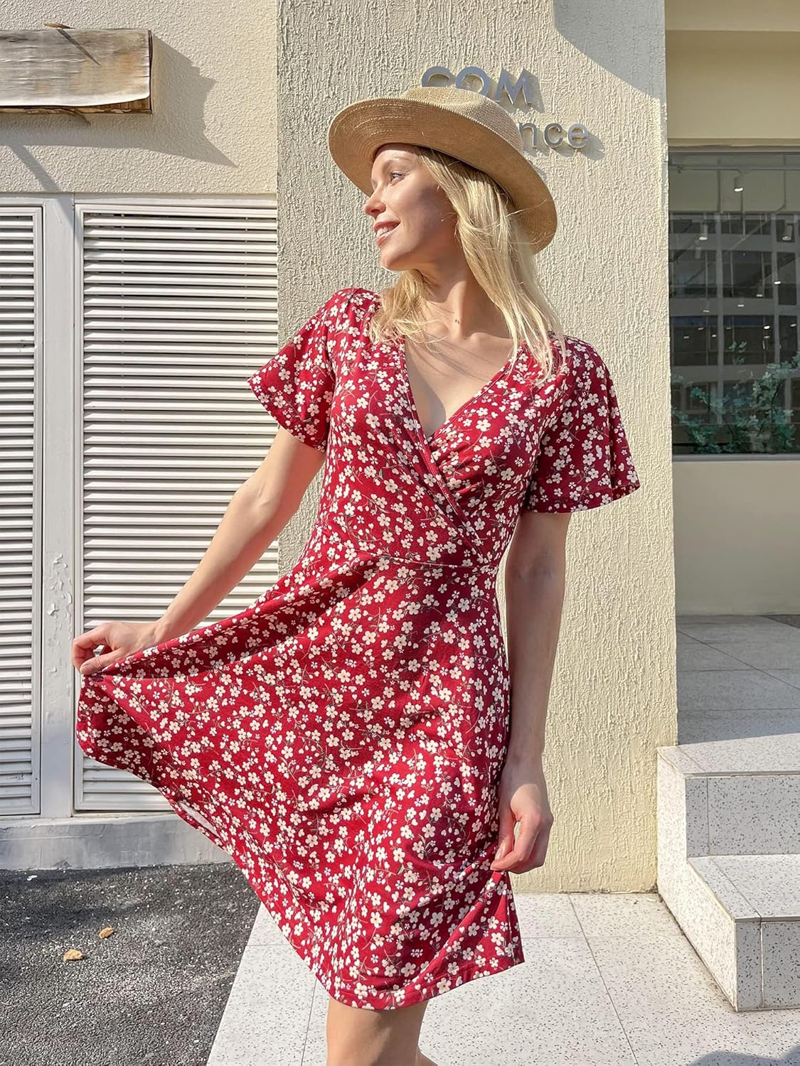 Léa Abito Portafoglio Donna – Abito Midi Fiorito con Scollo a V e Vita Alta