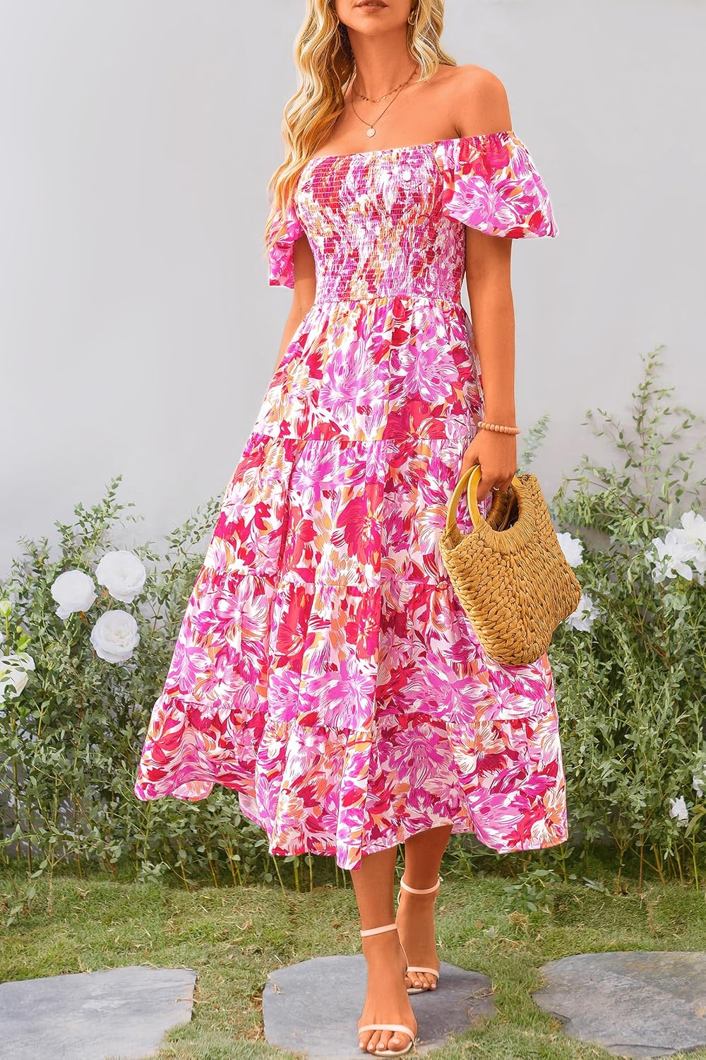 Juanna Abito Midi Donna Estate – Abito con Scollo Quadrato Arricciato, Maniche a Sbuffo e Volant