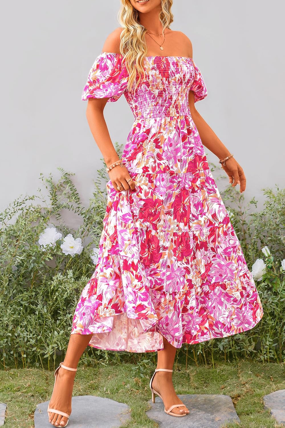 Juanna Abito Midi Donna Estate – Abito con Scollo Quadrato Arricciato, Maniche a Sbuffo e Volant