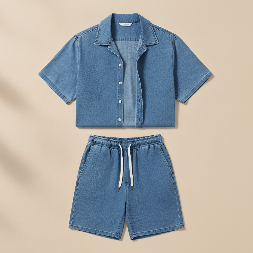 Completo Coordinato Uomo Camicia Denim Leggero e Pantaloncini - Blu Medio