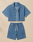 Completo Coordinato Uomo Camicia Denim Leggero e Pantaloncini - Blu Medio