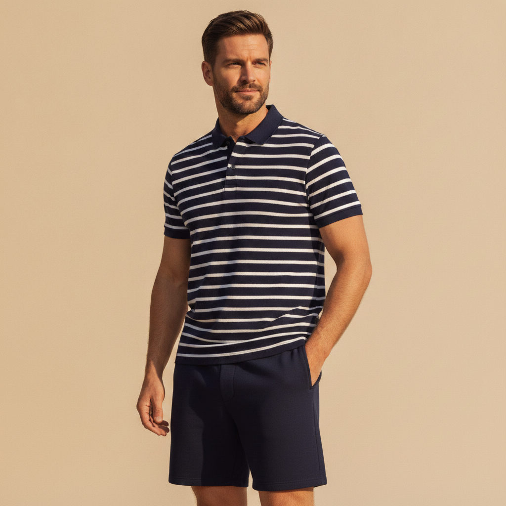 Completo Coordinato Uomo Polo a Righe e Bermuda - Navy e Bianco - indossato