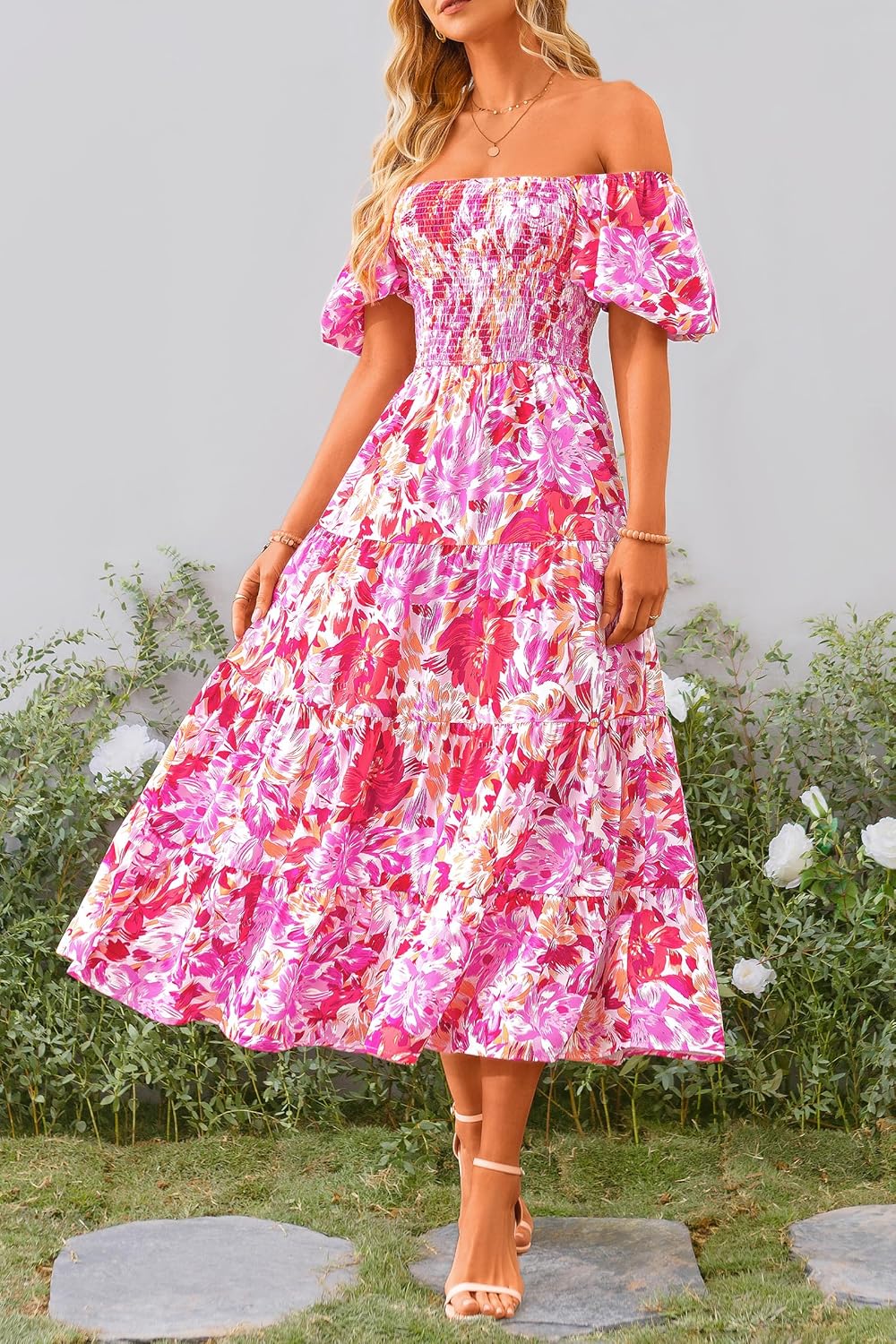 Juanna Abito Midi Donna Estate – Abito con Scollo Quadrato Arricciato, Maniche a Sbuffo e Volant