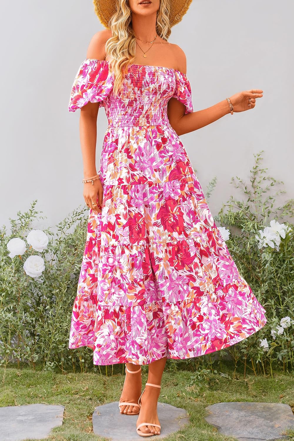 Juanna Abito Midi Donna Estate – Abito con Scollo Quadrato Arricciato, Maniche a Sbuffo e Volant