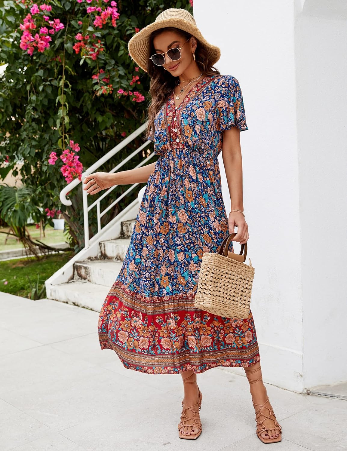 Elisa Abito Donna – Abito Midi Floreale Scollo a V Volant Bottoni Boho Estate