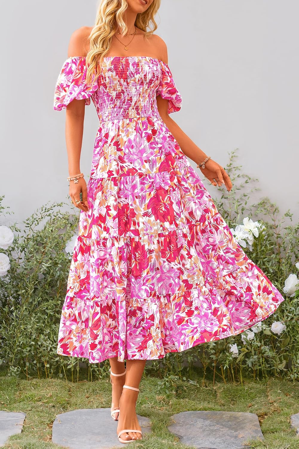 Juanna Abito Midi Donna Estate – Abito con Scollo Quadrato Arricciato, Maniche a Sbuffo e Volant