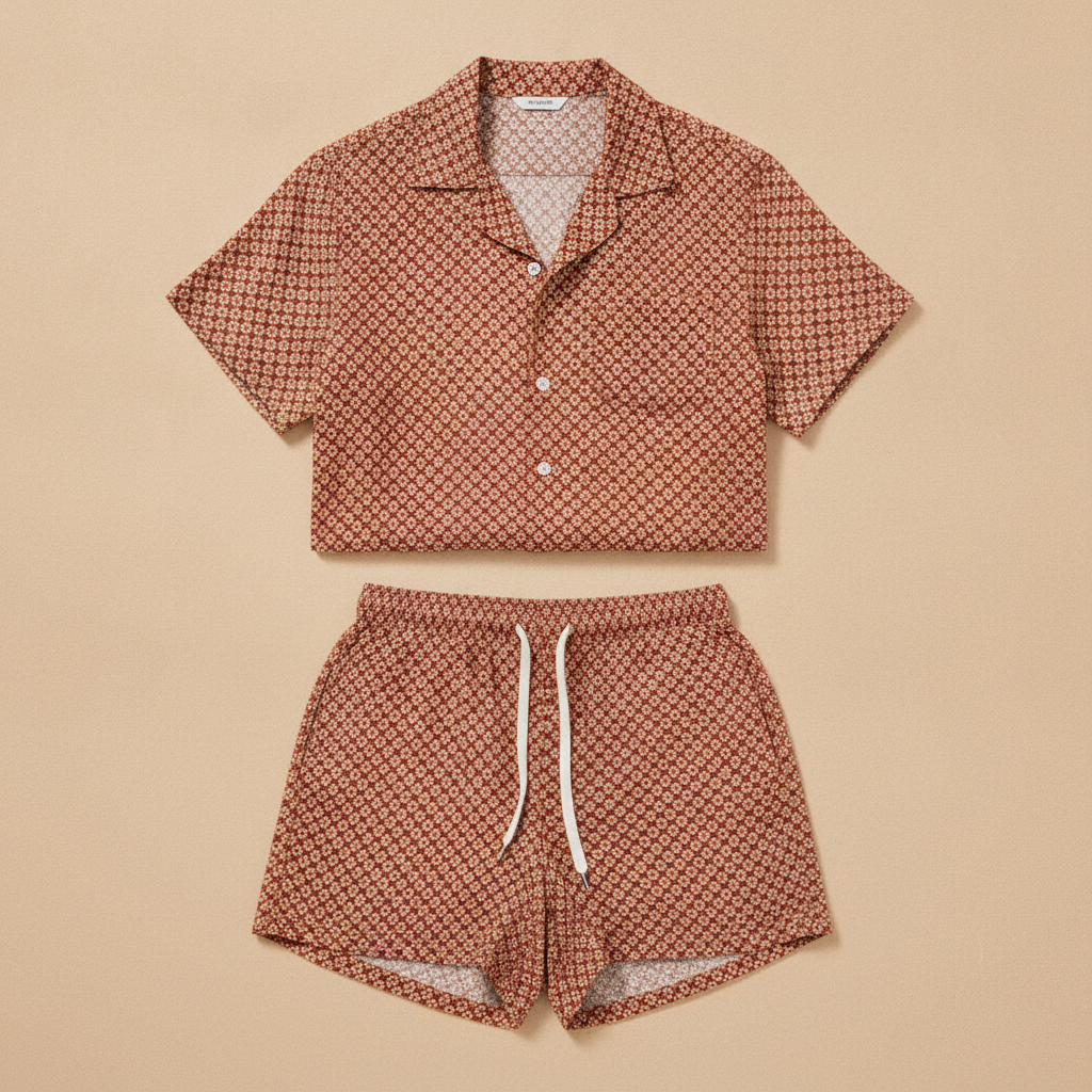 Completo Coordinato Uomo Camicia Geometrica e Pantaloncini - Geometrico Terracotta