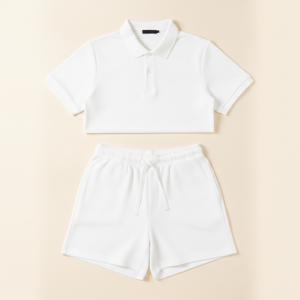 Completo Coordinato Uomo Polo Piqué Testurizzata e Pantaloncini - Bianco