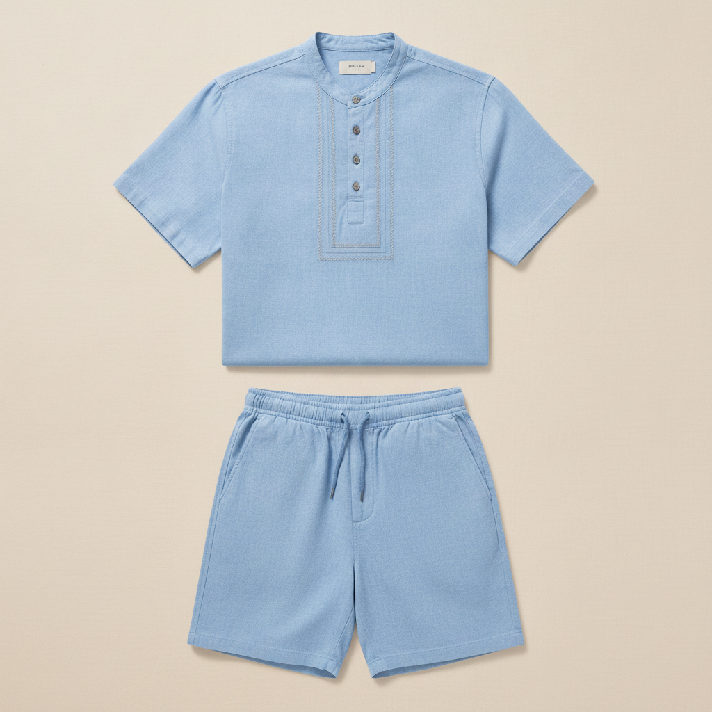 Completo Coordinato Uomo Camicia Chambray Ricamata e Pantaloncini - Grigio Chambray