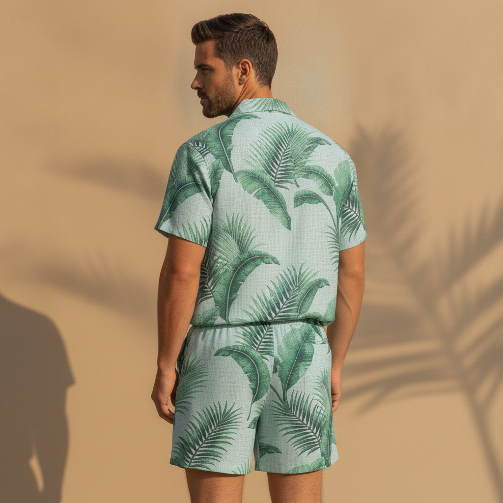 Completo Coordinato Uomo Camicia Stampa Palme e Pantaloncini - vista posteriore