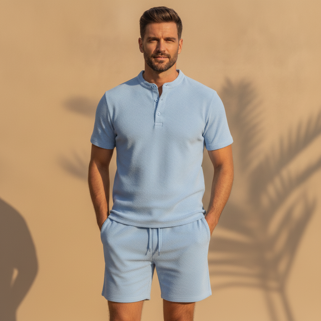 Completo Coordinato Uomo in Spugna e Pantaloncini - Azzurro Cielo - indossato