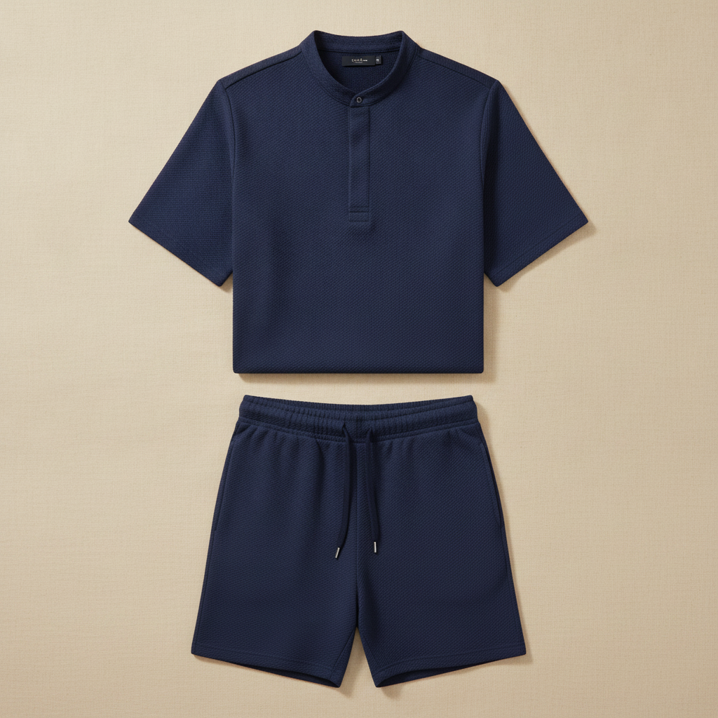 Completo Coordinato Uomo Camicia Piqué e Pantaloncini - Blu Navy
