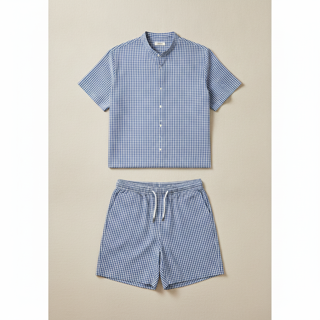 Completo Coordinato Uomo Camicia Gingham e Pantaloncini - Navy e Bianco