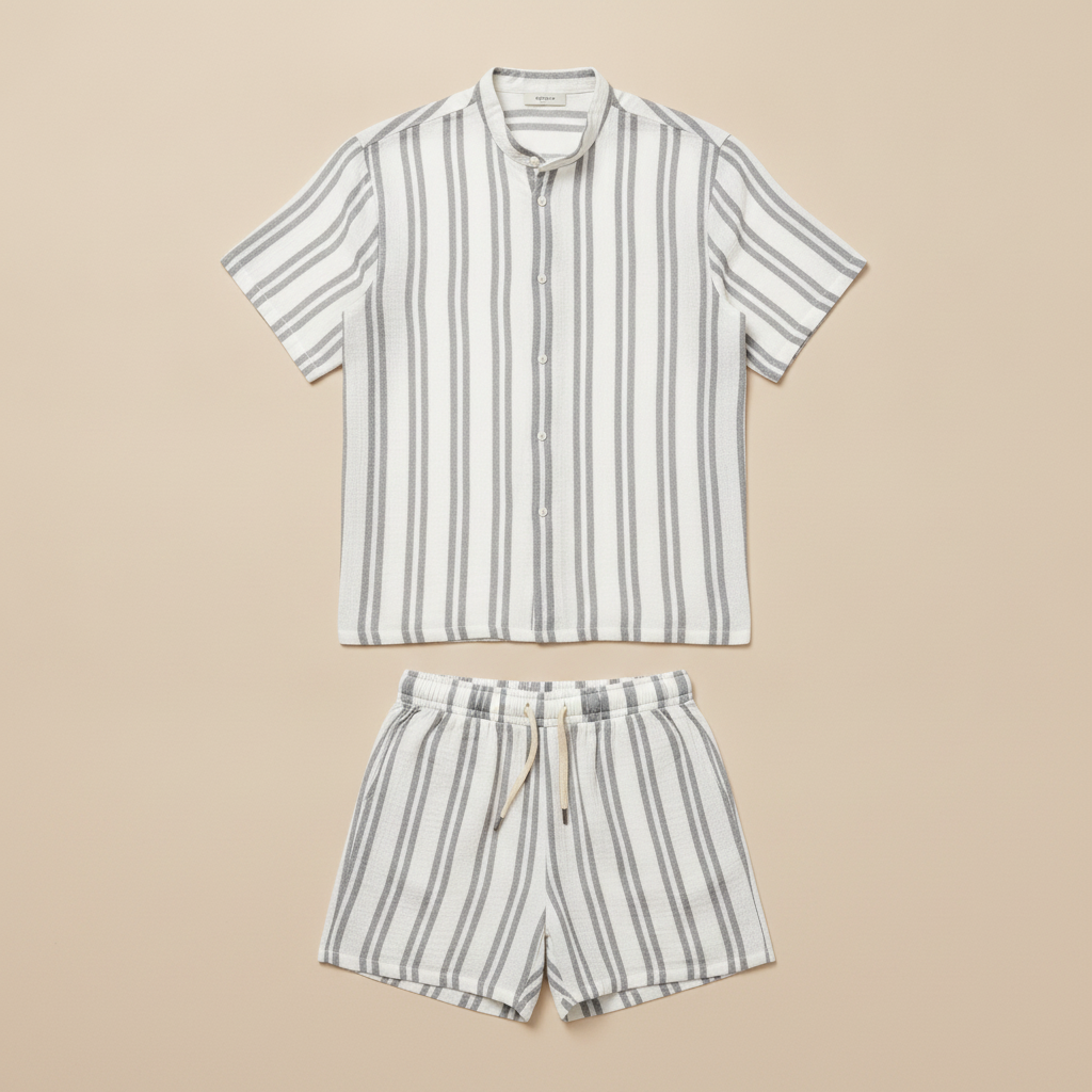 Completo Coordinato Uomo Camicia Garza Rigata e Pantaloncini - Grigio e Bianco