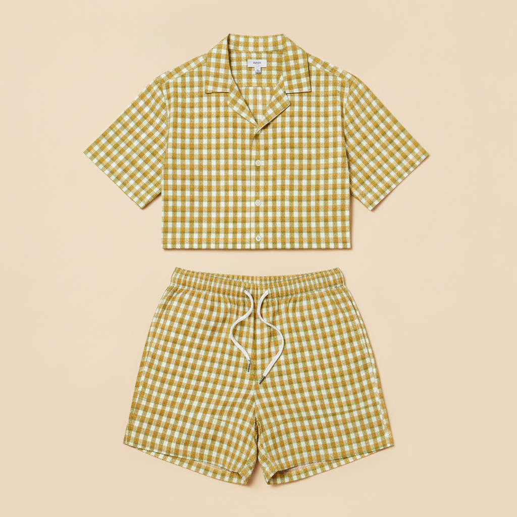 Completo Coordinato Uomo Camicia Madras e Pantaloncini - Verde e Giallo