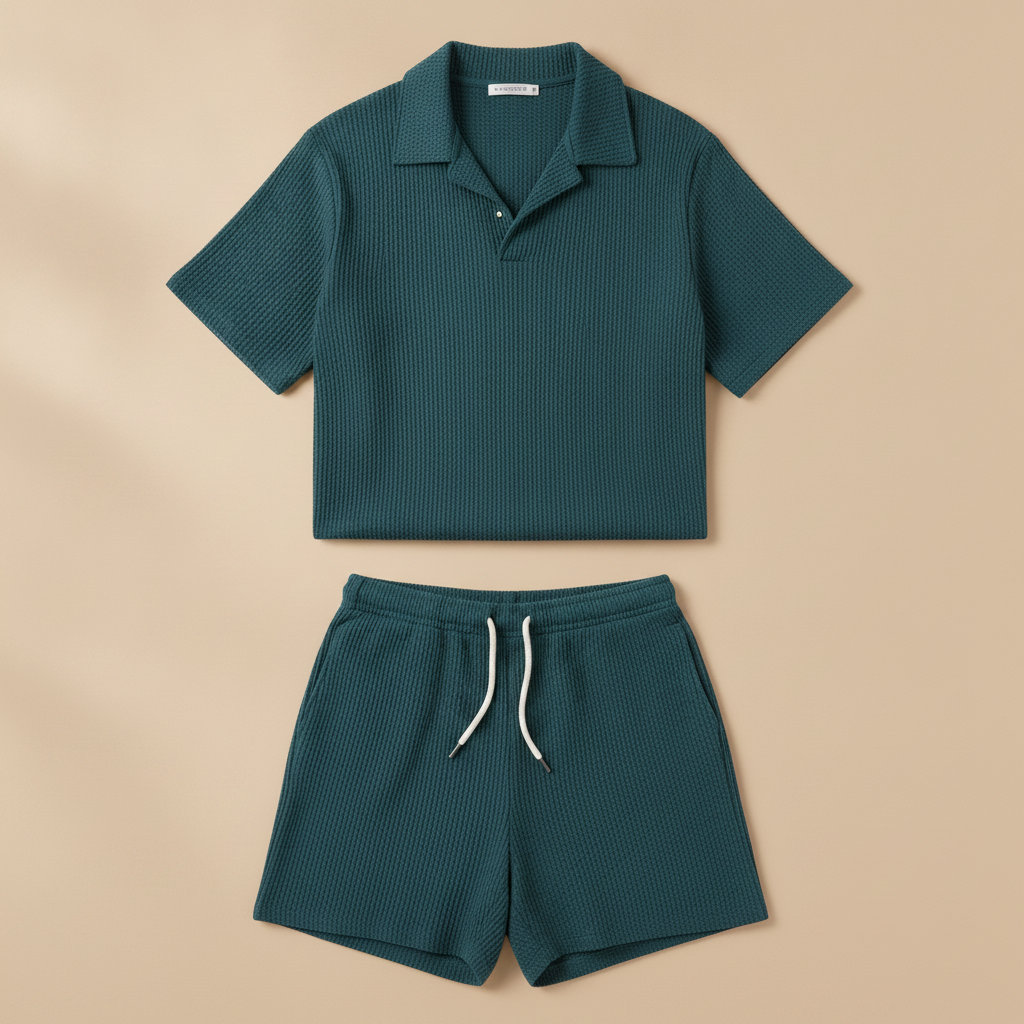 Completo Coordinato Uomo Polo Waffle e Pantaloncini a Coste - Blu Ottanio