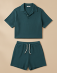 Completo Coordinato Uomo Polo Waffle e Pantaloncini a Coste - Blu Ottanio