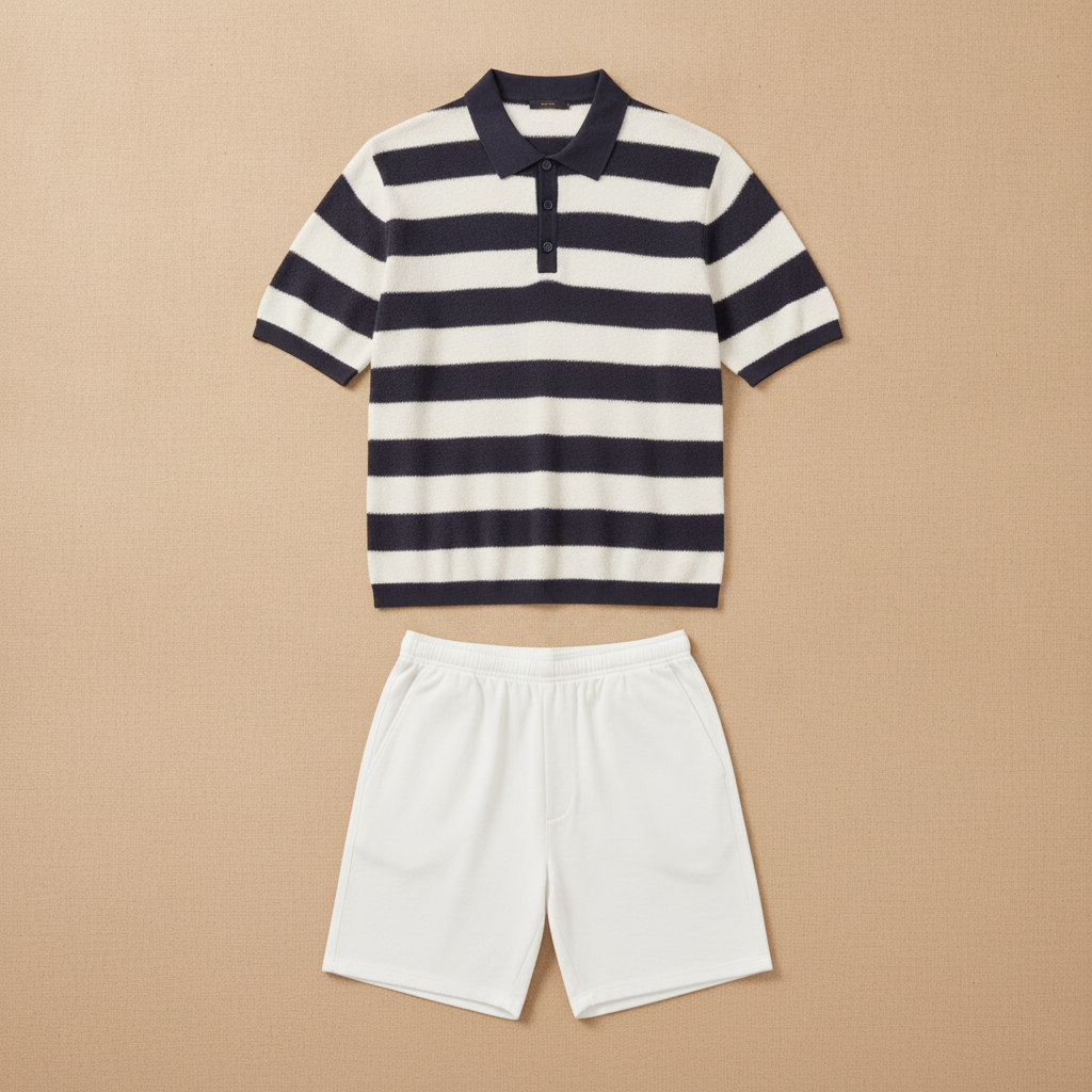 Completo Coordinato Uomo Polo Testurizzata a Righe e Bermuda - Blu e Bianco