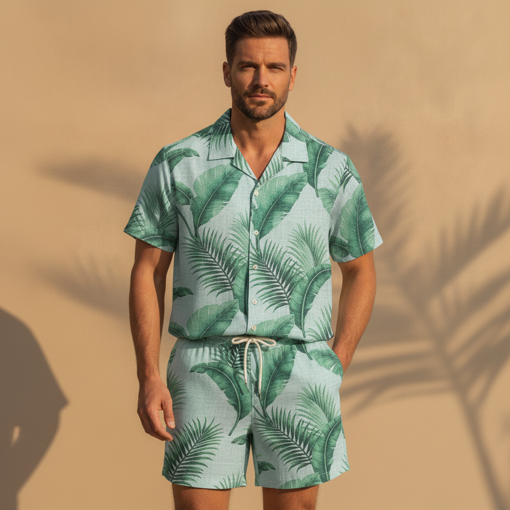 Completo Coordinato Uomo Camicia Stampa Palme e Pantaloncini - Palme Verdi - indossato