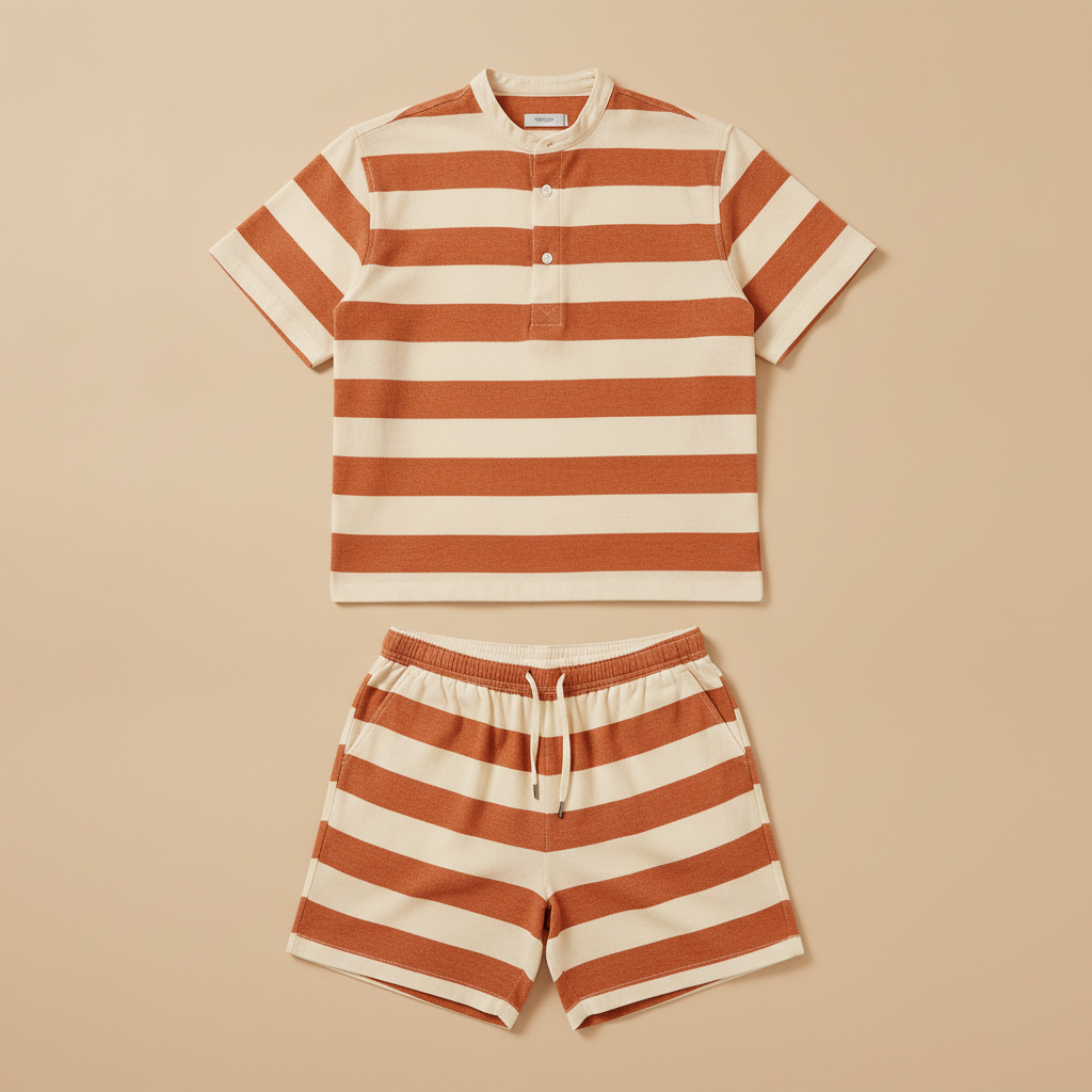 Completo Coordinato Uomo Camicia Righe Bayadère e Pantaloncini - Terracotta e Crema