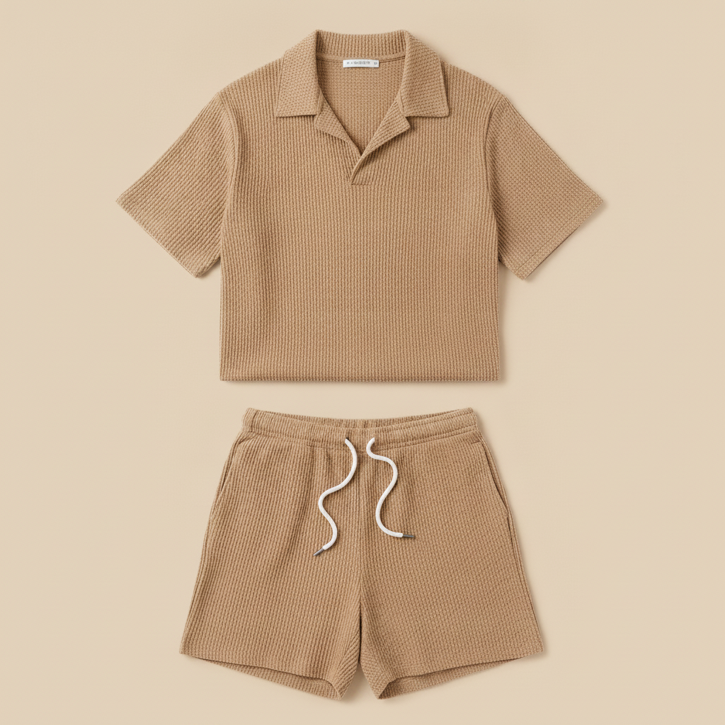 Completo Coordinato Uomo Polo Waffle e Pantaloncini a Coste - Beige